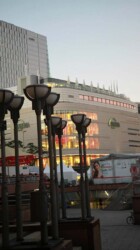 Shopping plaza at dusk